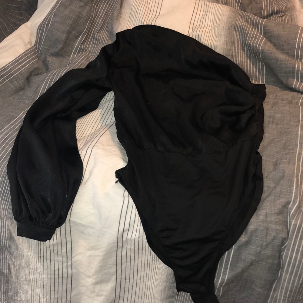 One shoulder satin onesie, bell sleeve